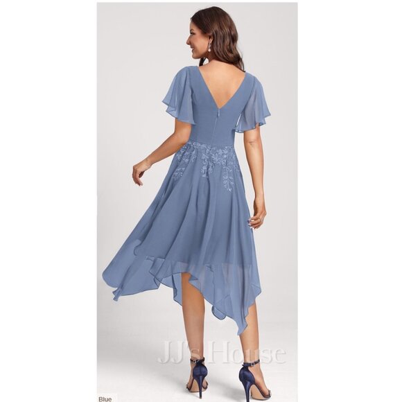 JJs House A-Line V-Neck Asymmetrical Blue Dress with Lace Includes Matching Wrap - Picture 2 of 8